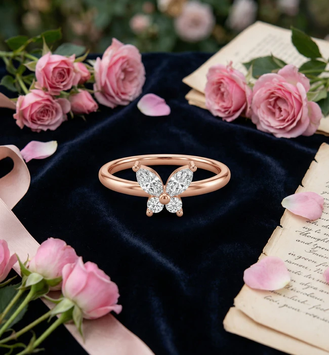 Butterfly diamond ring on velvet with roses
