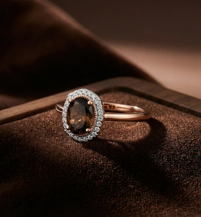 Smoky quartz halo ring on velvet