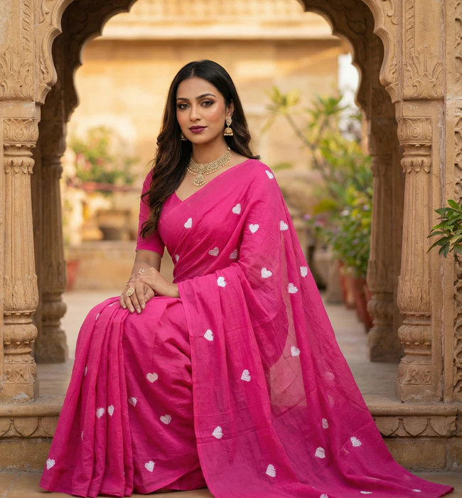 Pink heart print saree on model