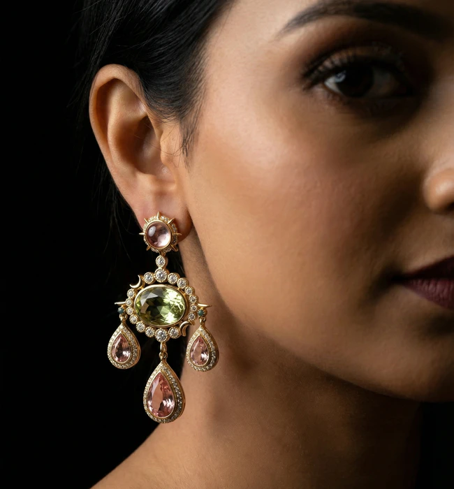 Chandelier gemstone earrings on model