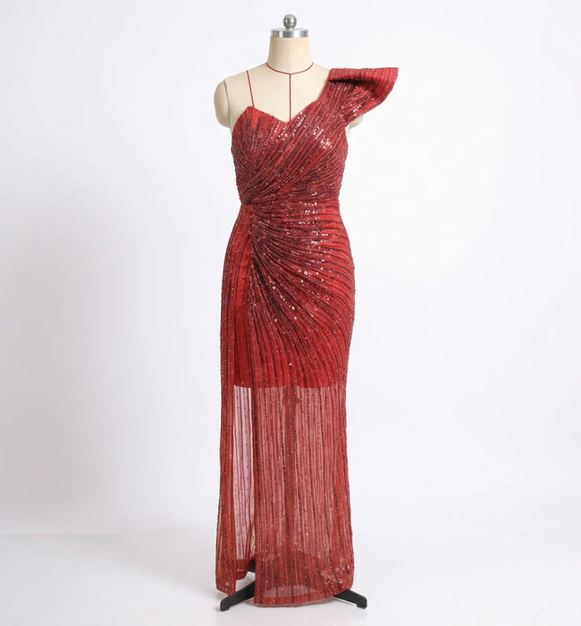 Red sequin evening gown on mannequin