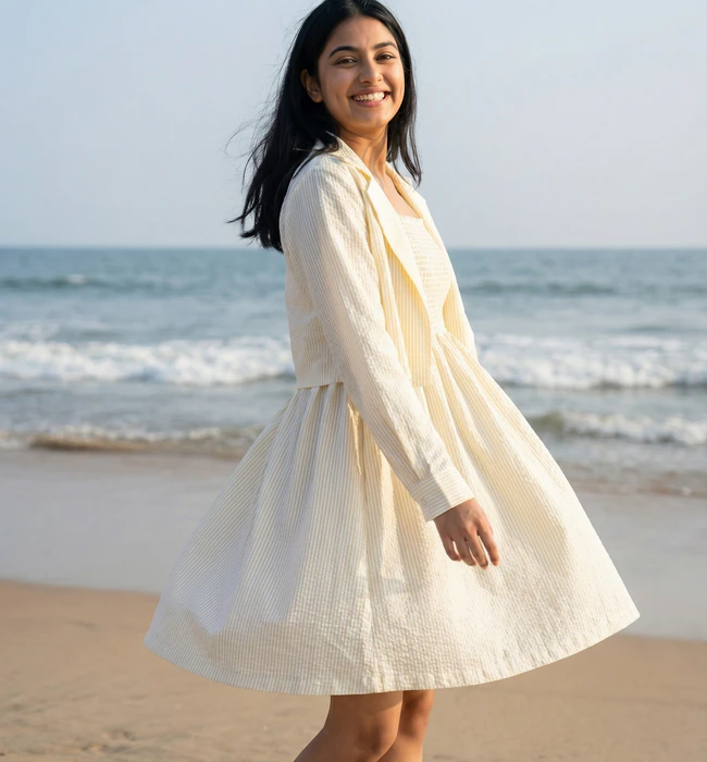 White beach dress on model
