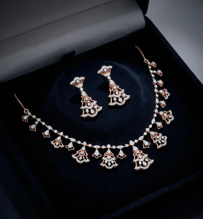 Diamond necklace and earrings in jewelry box